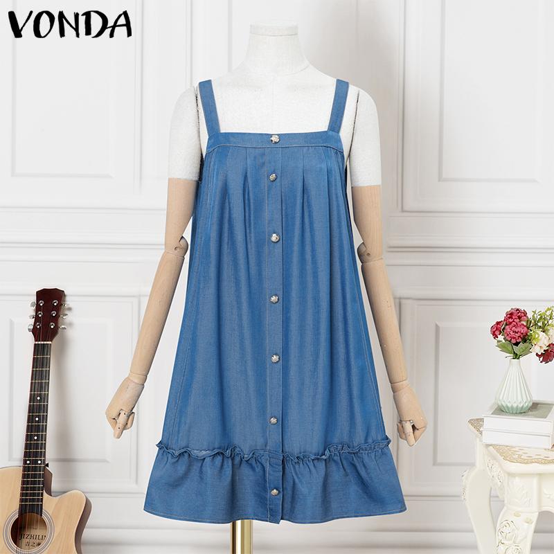 VONDA Summer Women Strap Sleeveless Solid Color Lotus Leaf Hem Casual Thin Mini Dress