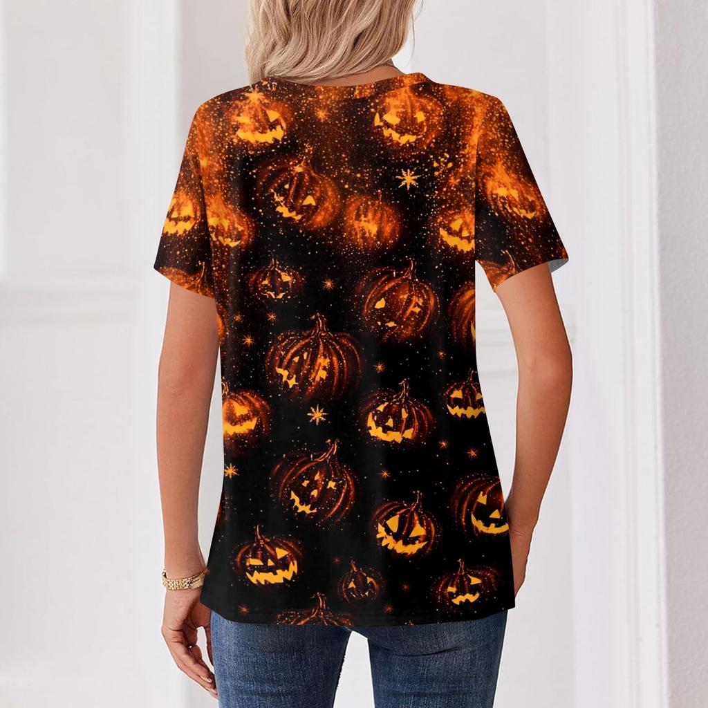 Women's Halloween Print Loose Fit V Neck Short Sleeve Top with Button Detail and Front Pocket Casual Blouse for Seasonal Wear