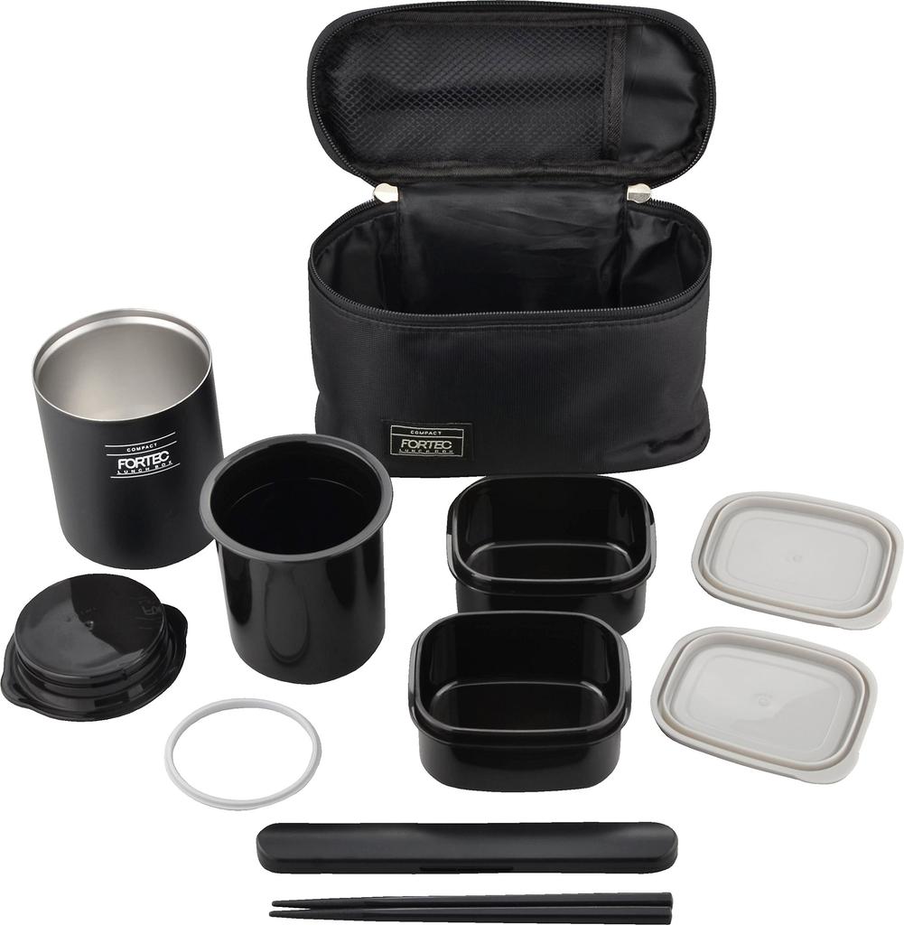 Wahei freiz Fortec Lunch Bento Box, 640ml, Black, Slim Type, Insulated, with Case, FLR-8161
