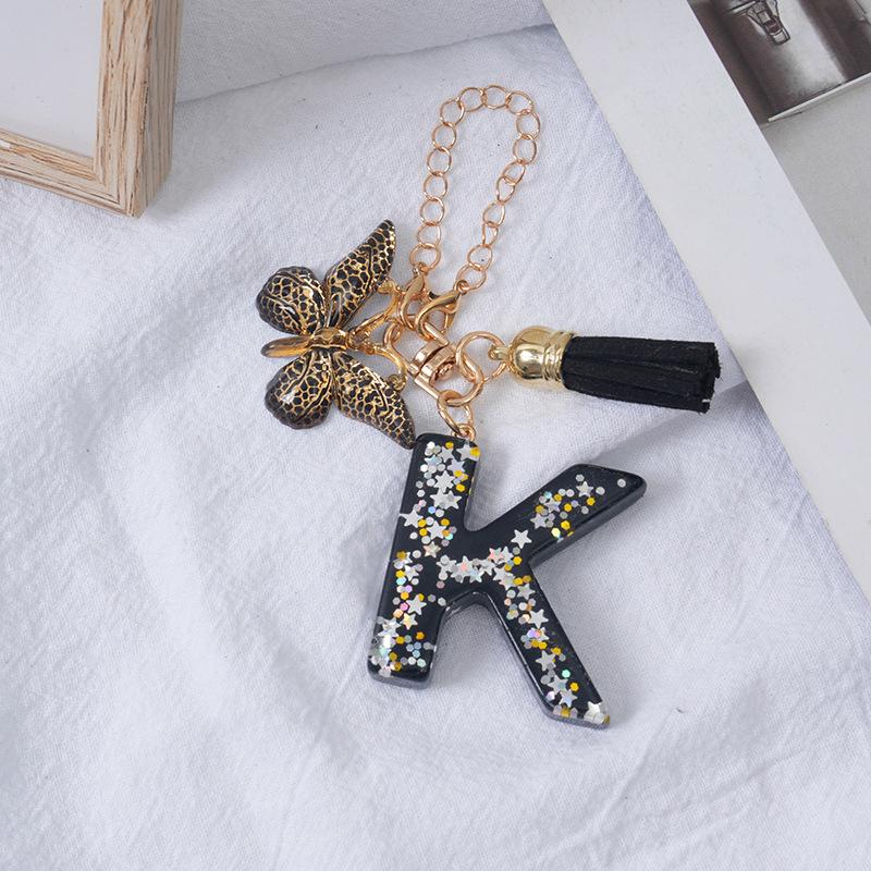 Breloc cu litere A-Z, cu ciucure fluture negru, inițială, nume, ID, mâner personalizat, decorațiune agățată, pandantiv pentru geantă