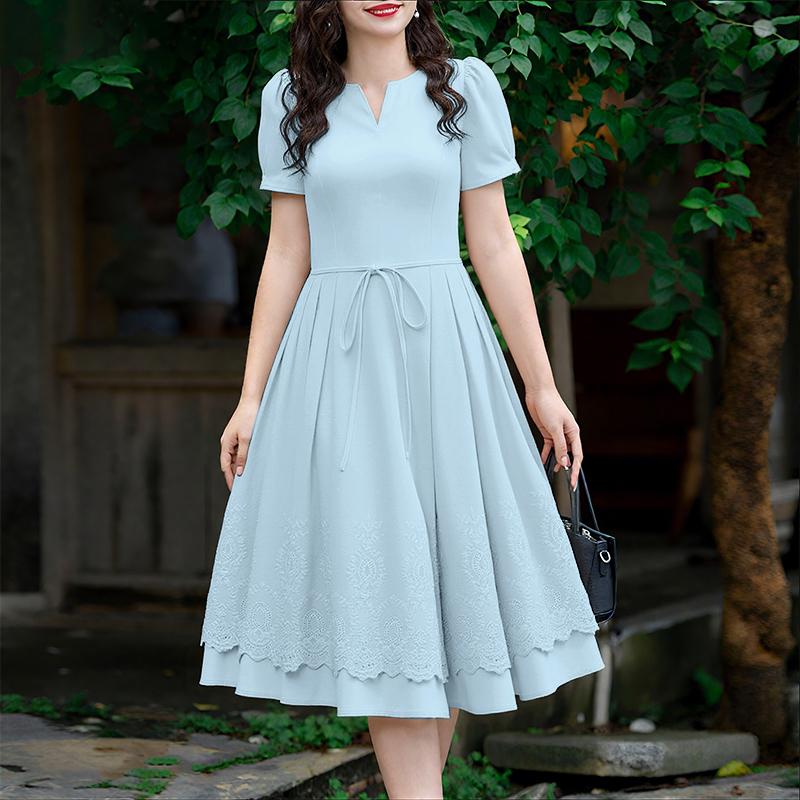 

ZANZEA Женское летнее платье с V-образным вырезом, повседневное, с коротким рукавом, кружевной вставкой 5XL синий