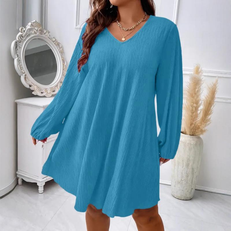 Women Fashion V Neck Long Sleeve Loose Plus Size Midi Dress
