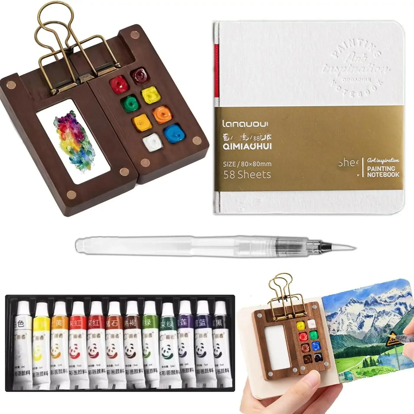 

Portable Watercolor Set Travel Palette Sketchbook Brush Pens Binder Clips For Artists Students Painting Tools Drawing Supplies Wooden 8