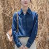 New Winter Denim Shirt for Women's Design Niche Retro Hong Kong Style Loose Long-sleeved Polo Collar Top