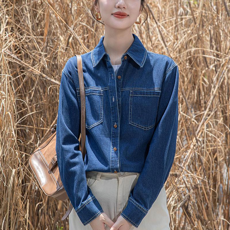 New Winter Denim Shirt for Women's Design Niche Retro Hong Kong Style Loose Long-sleeved Polo Collar Top