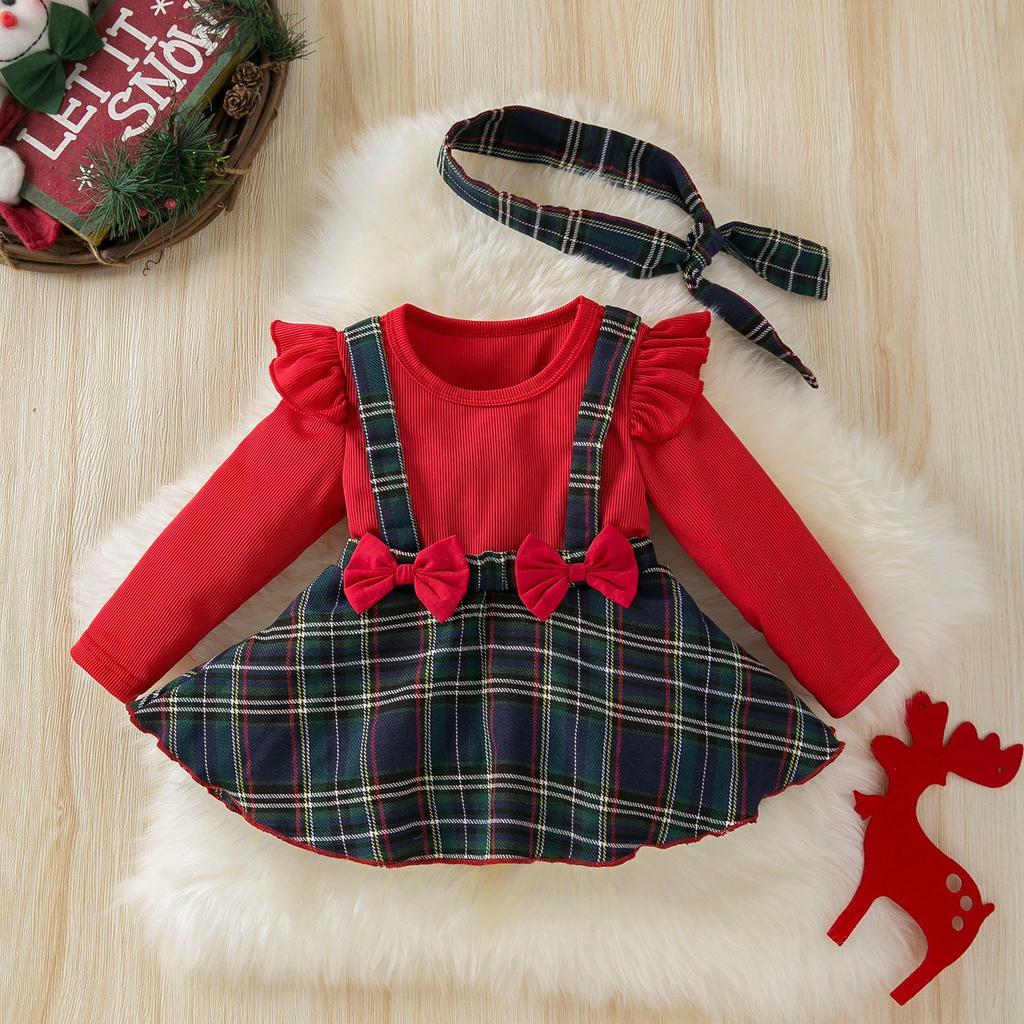 Baby Girls 0-2 Years Infant Long Sleeve Red Romper Plaid Skirt Headband Clothing