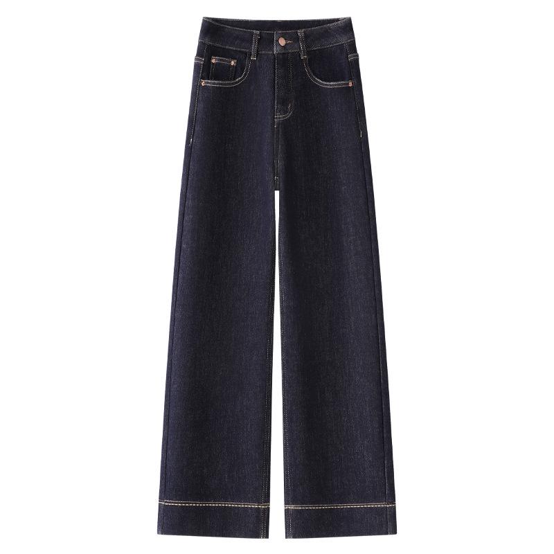 

Dark Blue Wide-Leg Jeans: 2024 Winter High-Waisted, Velvet-Lined, Loose Fit, Straight-Leg Pants L