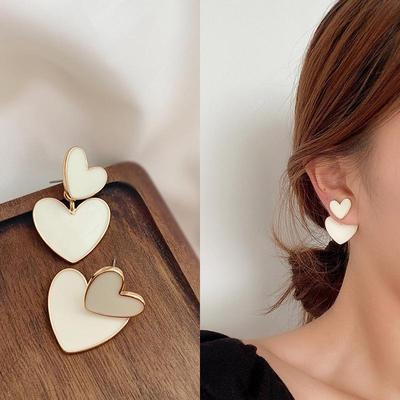 Drop Earrings For Women White Enamel Double Heart Female Earring