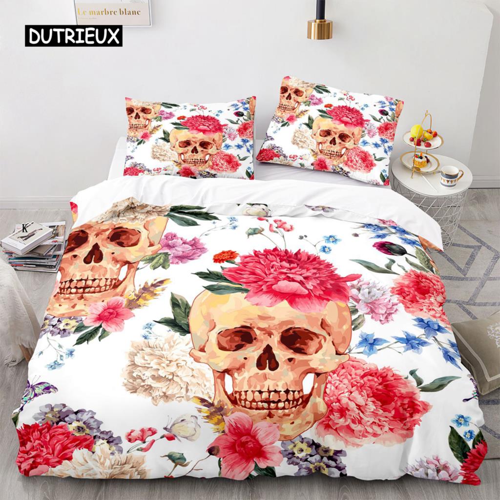 Povlak na přikrývku Sugar Skull King Mikrovlákno Růžový Ložní Set Květinová Lebka Povlak na Přikrývku Černá Červená Oranžová Kostra Jednolůžkový Povlak na Prošívanou Přikrývku