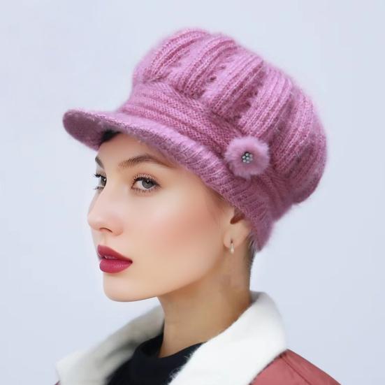 Women Knitting Hat Extended Brim Thickened Plush Winter Hat Solid Color Flower Decor Warm Hat Fashion Accessories