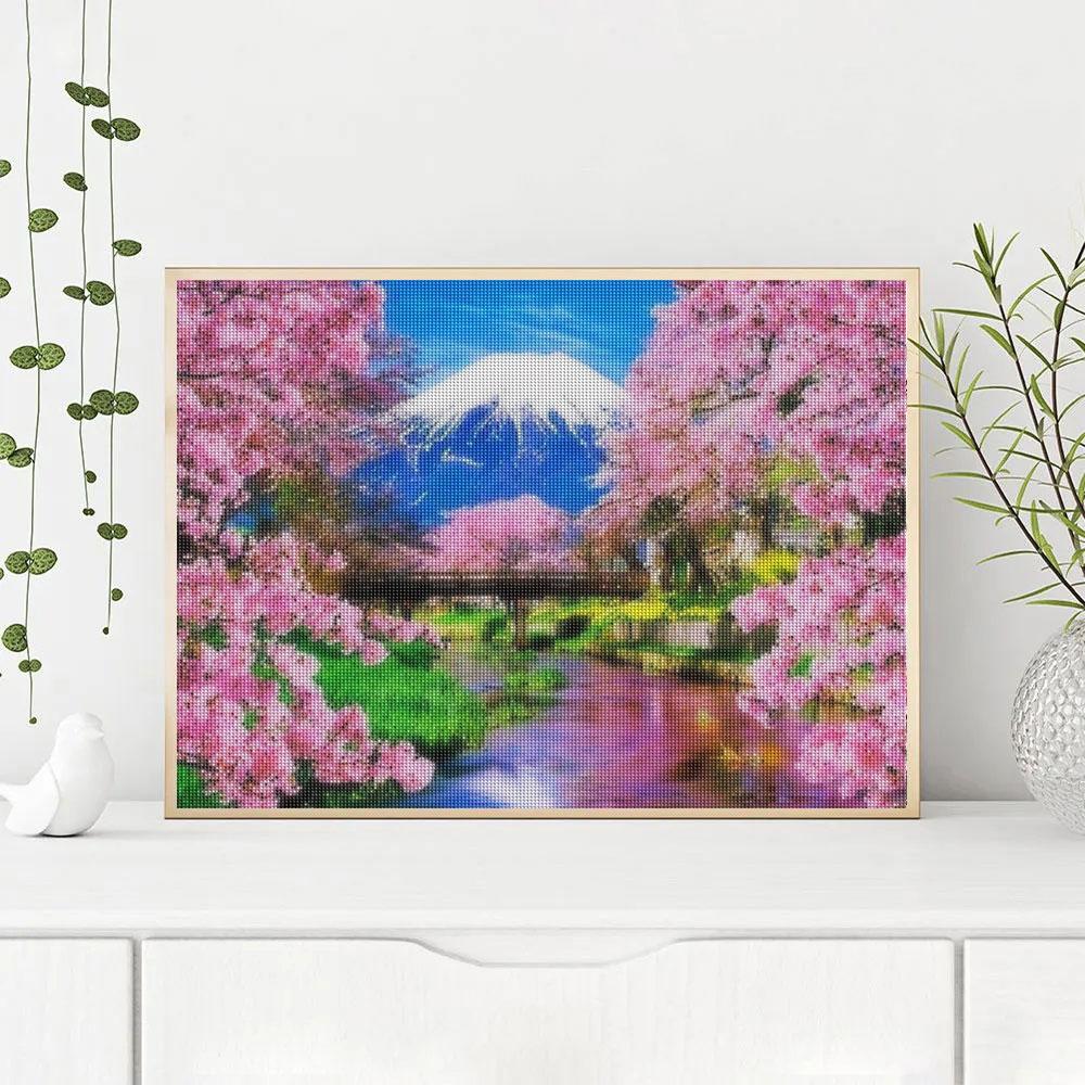 Full Round Diamond Painting 5D Landscape Cherry Blossoms Diamond Art Embroidery Mountain Home Decoration 30x40cm/12x16inch