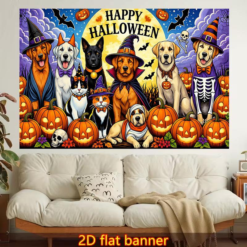 1pc Horizontal Wall Tapestry Suitable for Living Room, Bedroom, Office Decor - Spooky Night & Pets Themed Colorful Aesthetic Hanging Panel