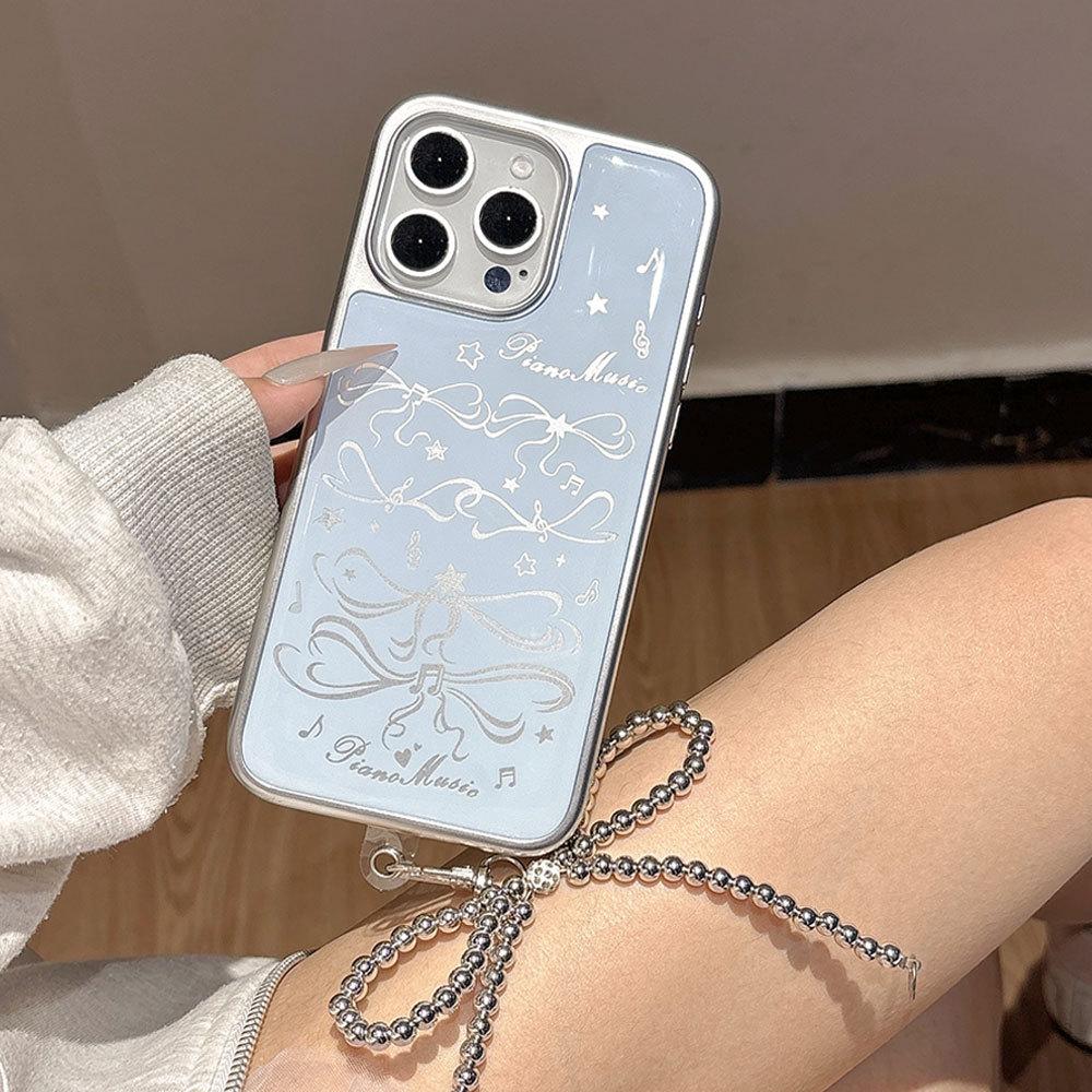 Applicable To Apple 16PM Girls Blue Bow Pendant Mobile Case IPhone 15 Pro Silver Edge Glue Protection Case