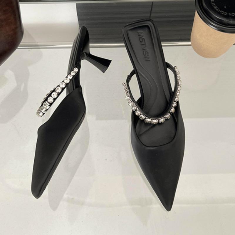 Fashion Baotou Sandals Spring New Pointed Head Shallow Mouth Crystal Fine Strap Anti-slip Wear-resistant Fine Heel Slippers