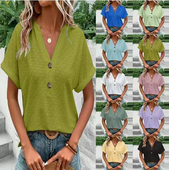 2023 Frühling/Sommer Damen Einfarbig V-Ausschnitt Knopf Lässig T-Shirt