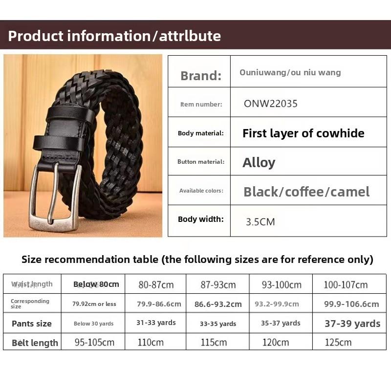 Meimeier Handmade woven leather belt - men's genuine top grain cowhide casual retro pin buckle belt