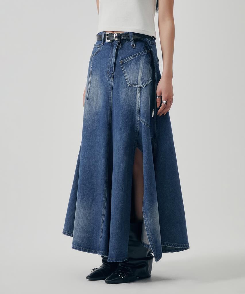 Teulimingbeodeu Panel Line Denim Flare Skirt [ Blue ]