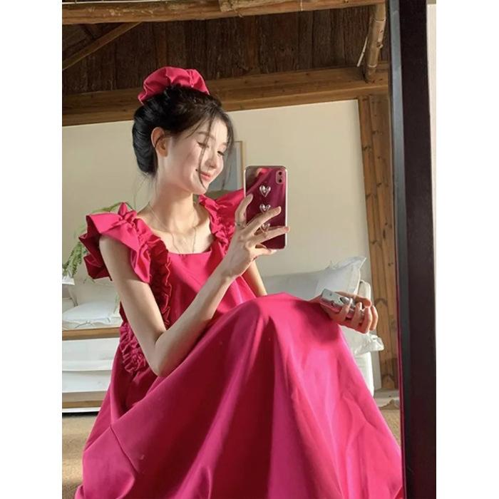 

Xiaofei Sleeve Rose Red Sleeveless Square Neck Dress Women s Summer New Sexy Backless Slim Skinny Skirt M розы красного