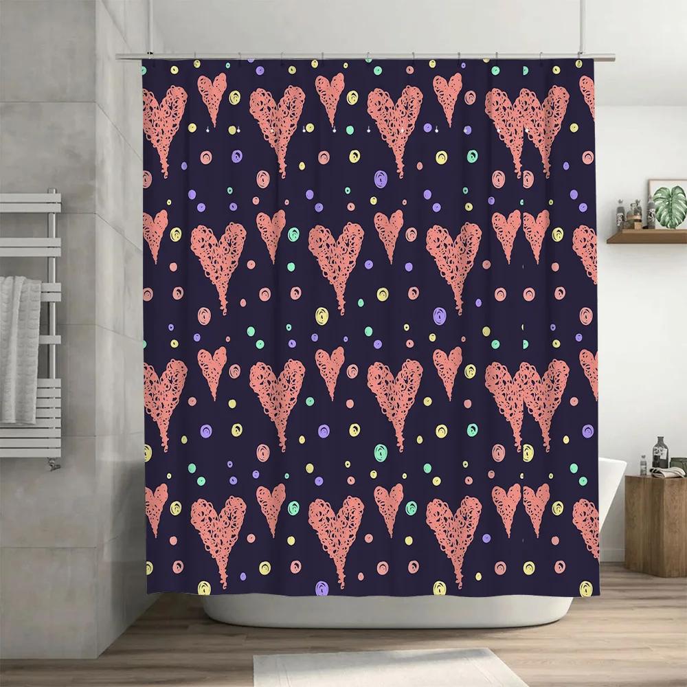 Modern Bathroom Shower Curtain Waterproof Decorative Heart Pattern with Rainbow Accents In Pink