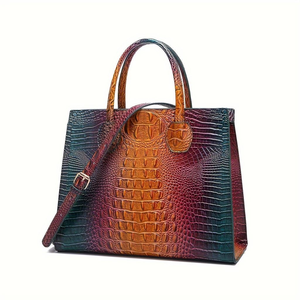 3 Pcs Crocodile Pattern Handbag & Purses Set, Multi-functional Vintage Top Handle Crossbody Bag & Business Clutch Bag & Card Coin Purse