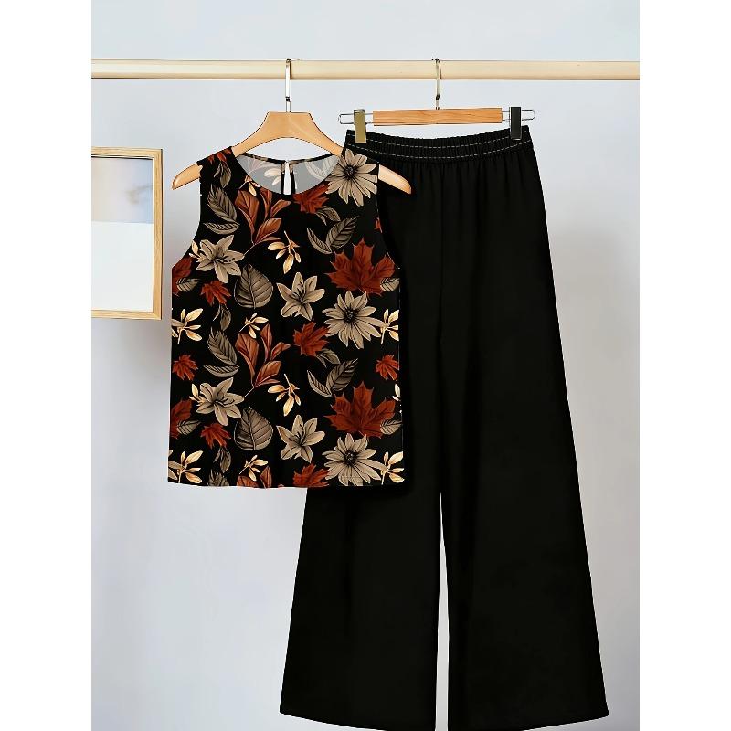 Plus Size Women's Summer Sleeveless Asymmetric Tank Top and Printed Pants Two Piece Set