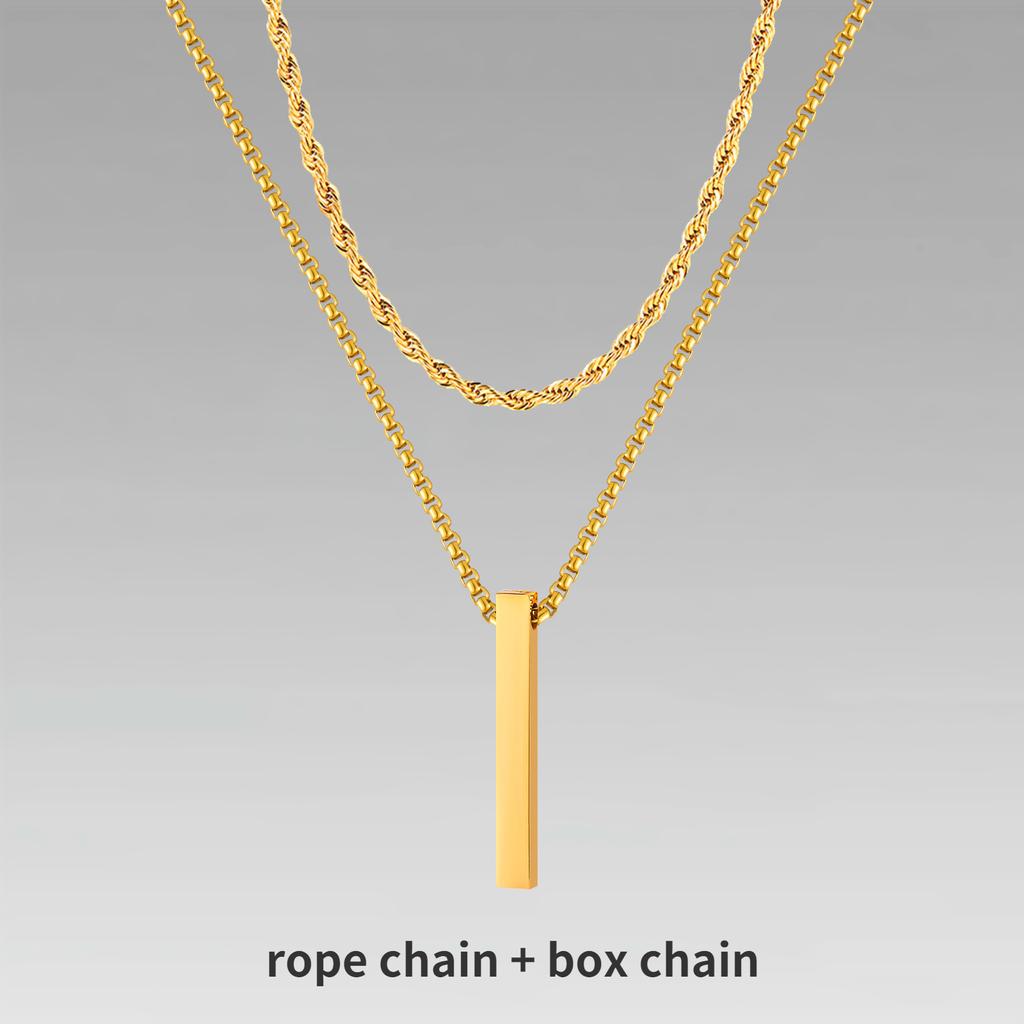 Vnox 3D Vertical Bar Necklaces for Men, Layering Stainless Steel Geometric Pendant, Layered Wheat Rope Cuban Chain, Boy Collar
