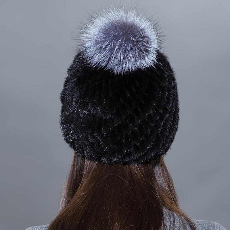 Women Winter Real Mink Fur Beanie Hat With Sliver Fox Pompom Warm Woven Knit Lined Caps Female Fashion Winter Hat
