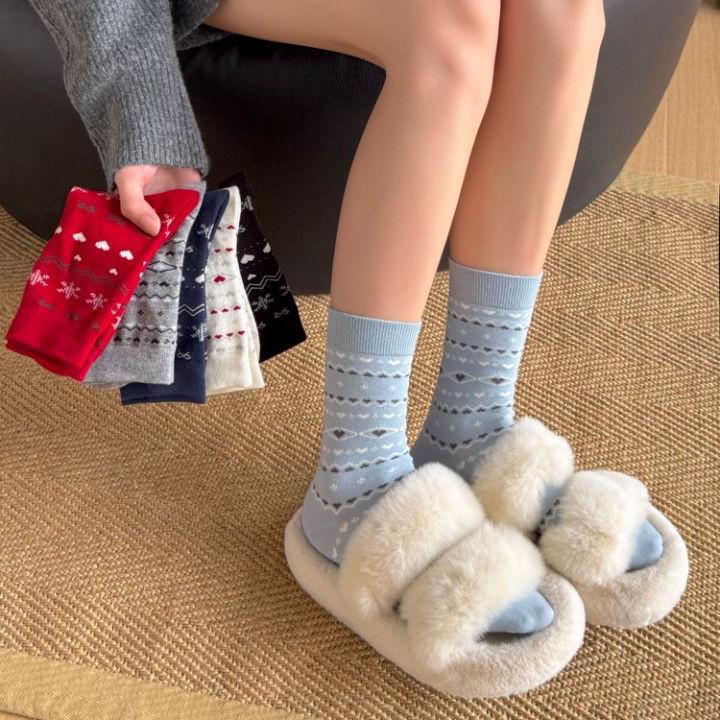 Damen Fair Isle Schneeflocken Mid-Calf Socken - Retro Ethno Stil, Herbst/Winter Baumwoll-Krempelsocken