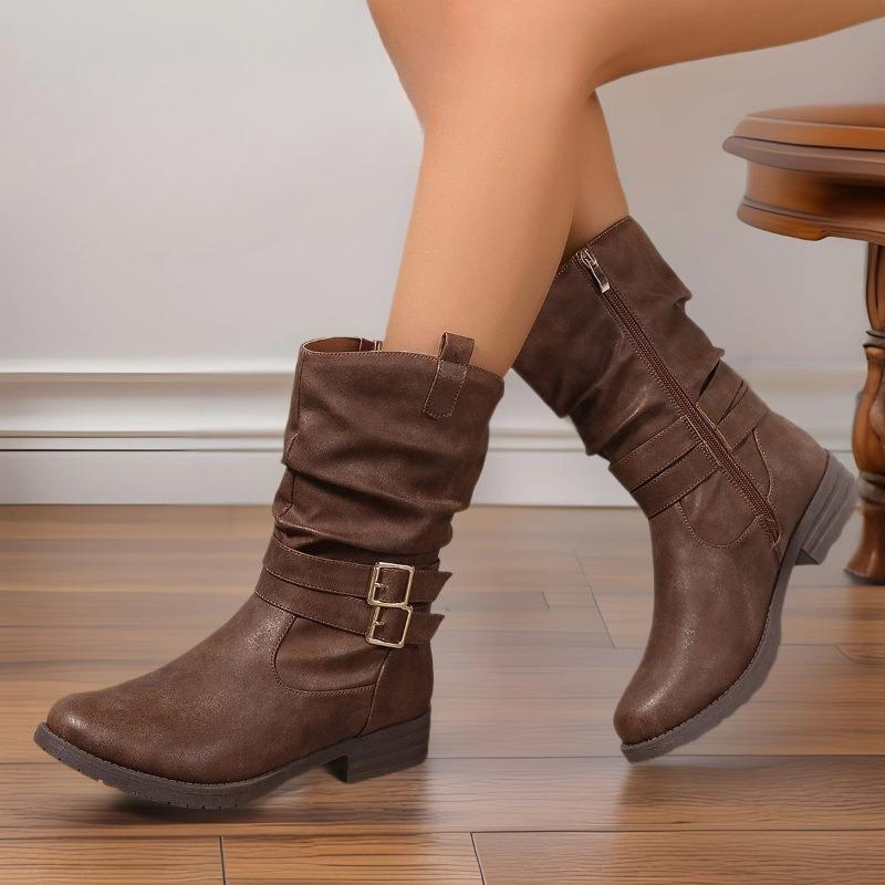 New Fashionable Women's Shoes with Chain Rivets and Thick Heels, Such As Plate-sized Mid-calf Boots