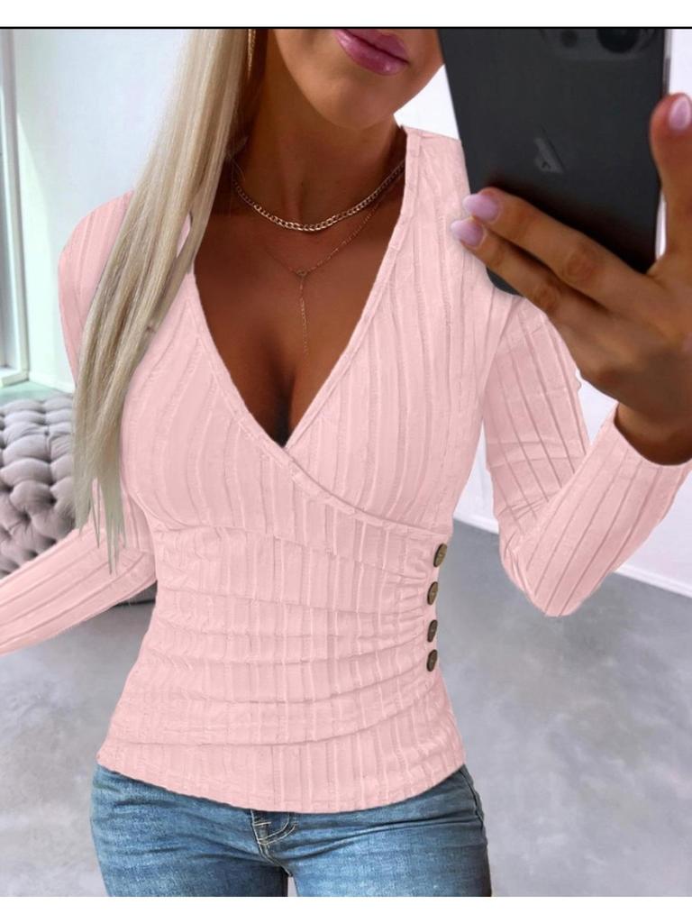 V-neck Knitting  Long Sleeve Women T-shirt Solid Color SweaterTops Fashionable Lady Button Blouse