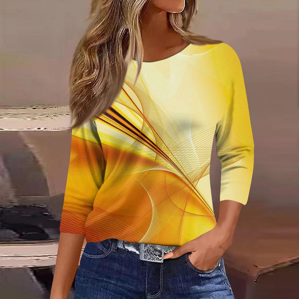 Women's Fashion Casual Round Neck 3/4 Sleeve Loose Printed T-Shirt Ladies Top