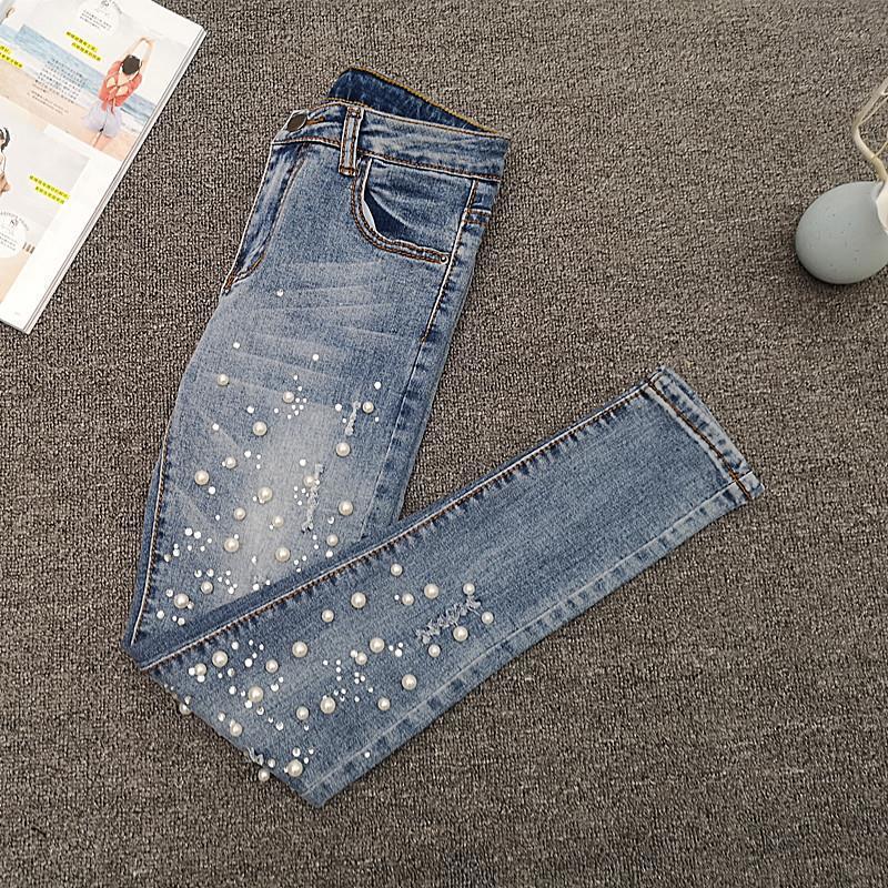 Jeans Skinny Denim Dimagranti Strappati con Perline Europee per Donna - Collezione Estate 2026