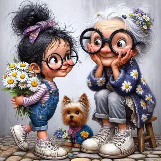 

Мультфильм Счастливая бабушка и внучка 5D Полный круглый набор для алмазной живописи Пожилые люди и дети Сделай сам Сверла Мозаика Вышивка крестом square 30x30cm белый