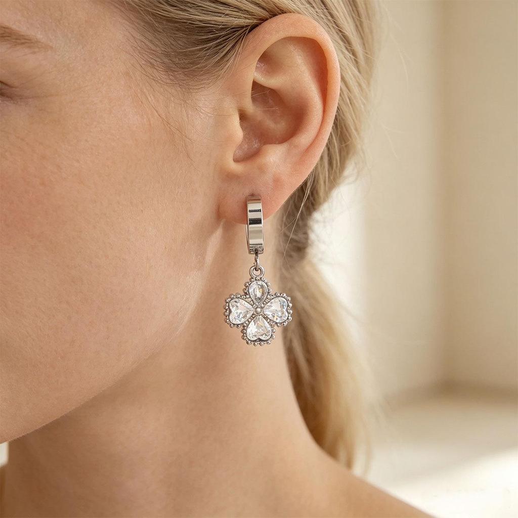 Stainless Steel Zirconia Four-Leaf Clover Hoop Earrings In Titanium Steel - High-End Luxury Style for Women