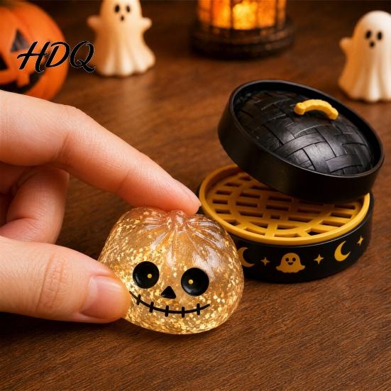 Stress Squeezing Toys Halloween Decompression Toy with Glitter Squishy Dumpling Pumpkin/Eyeball/Ghost Shape Relief Sensory Fidget for Holiday Party