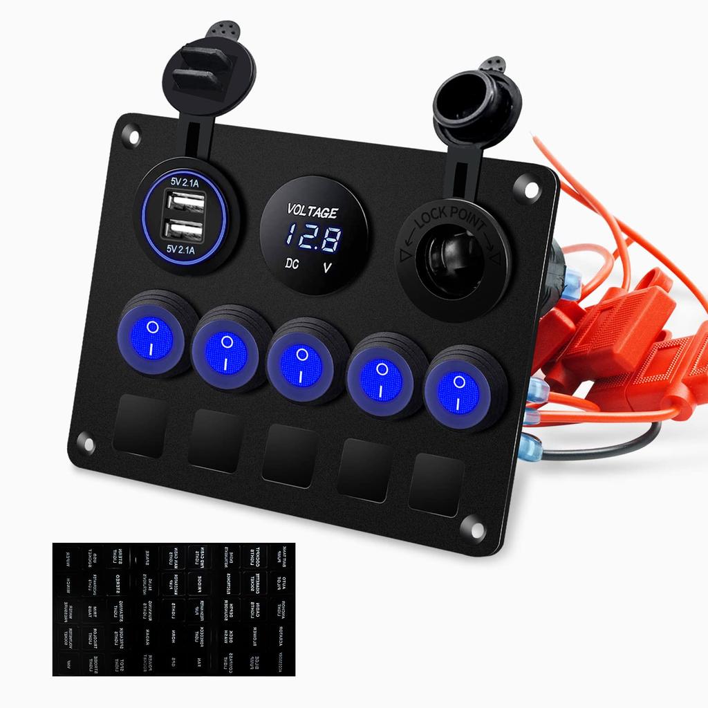5-Wege-Bootswippschalter-Panel mit Leistungsschaltern, wasserdichtes digitales Voltmeter, 12V USB-Ladegerät, Steckdose für LKW, Wohnmobil
