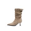 Sheepskin Version~ Suede Pleated Piled Boots Pointed High Heel Thin Boots Women's Autumn and Winter Thin Heel Medium Boots
