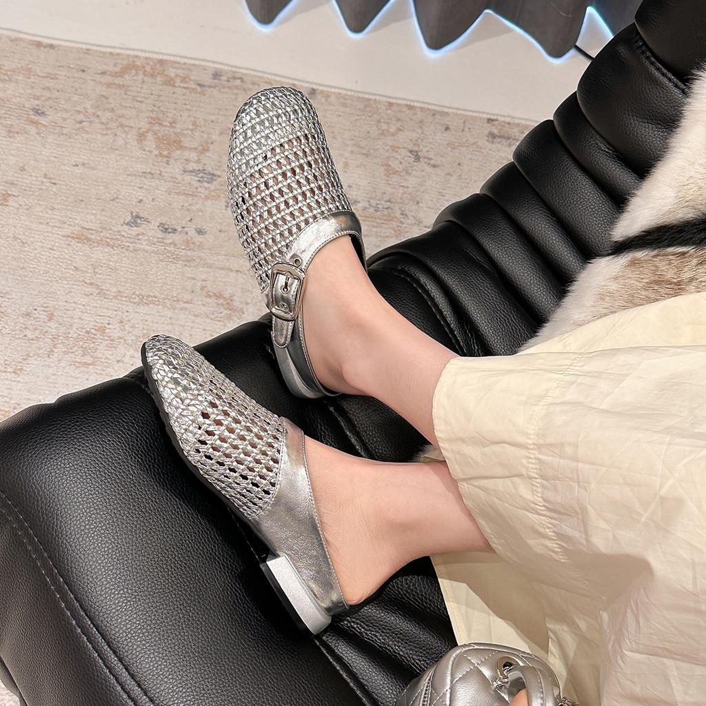 106-1 Fashion woven belt buckle hollow flat-soled single shoes New fairy style low-heeled single shoes commuter women's shoes