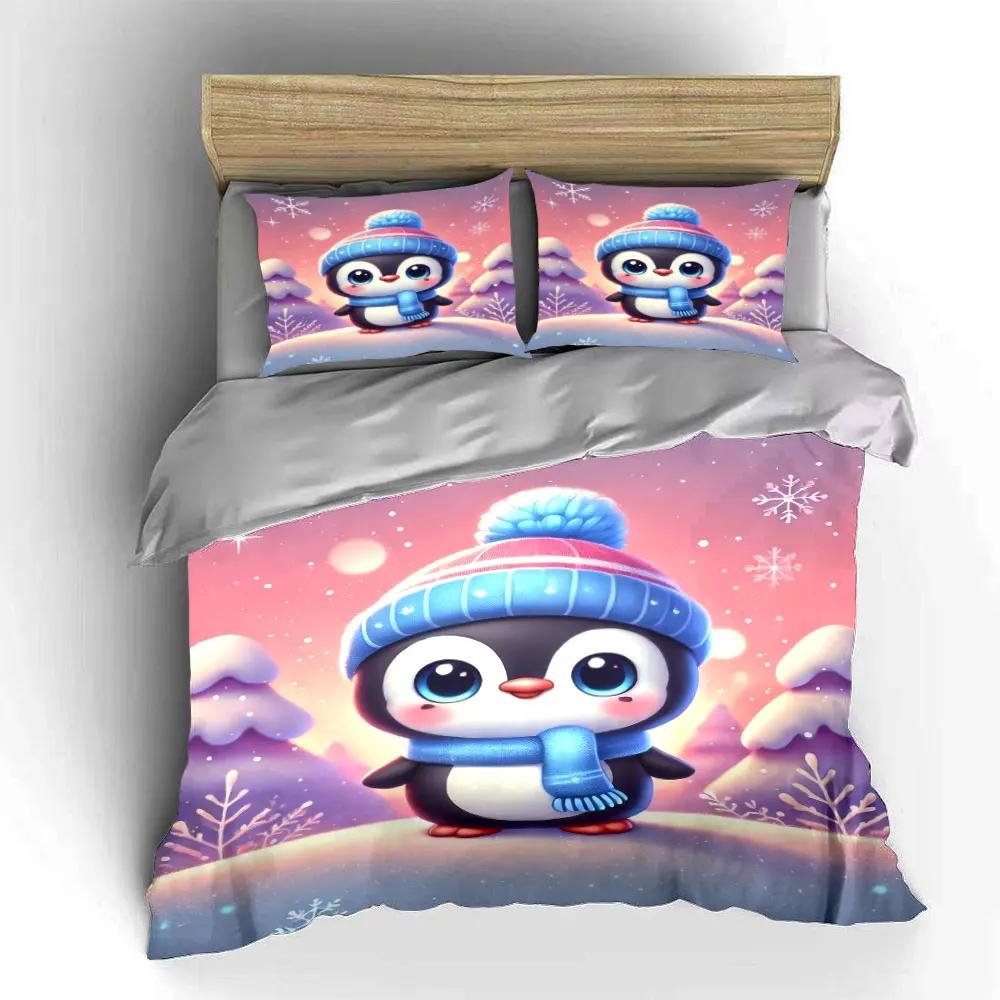 Cute Penguin Winter Decor Set Bedding Set with 1 Duvet Cover 2 Pillowcases Single Double King Queen Gift