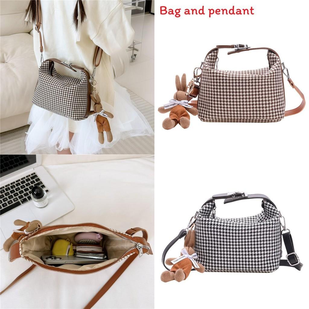 Simple Houndstooth Pattern Parent Child Shoulder Bag With Pendant For Kids Daily Use