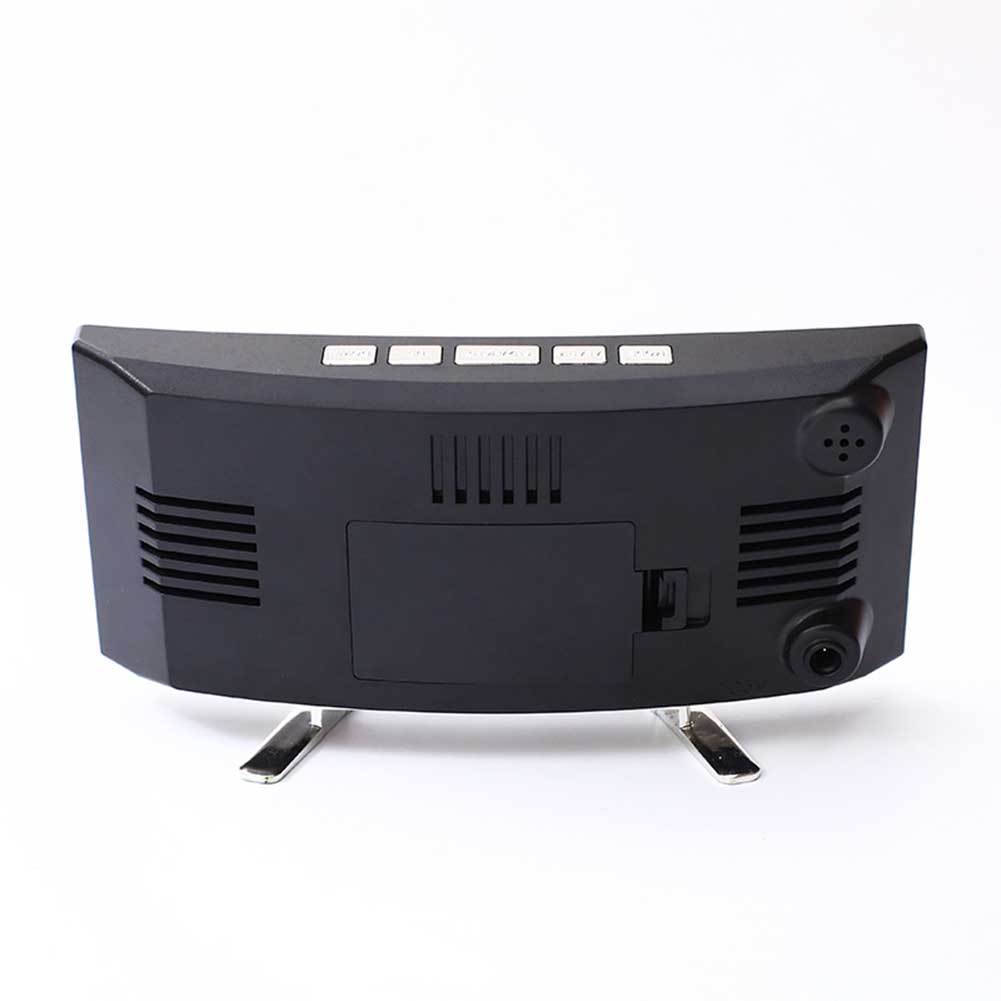 Compact LED alarm clock with digital time temperature and humidity display and adjustable brightness for night