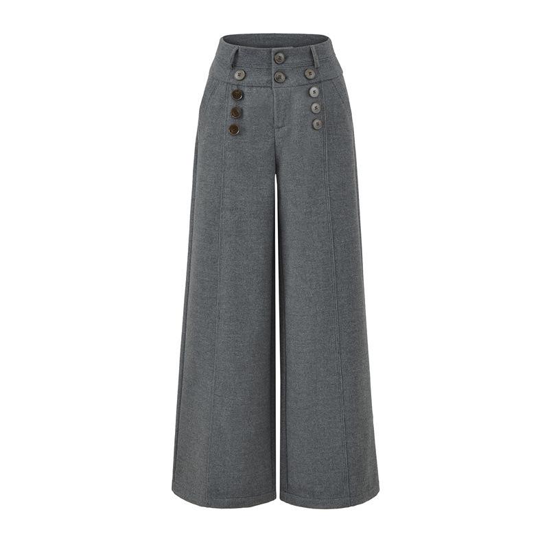 Retro Double-Breasted Wide-Leg Women's Faux Cashmere Pants - Autumn/Winter Loose Fit
