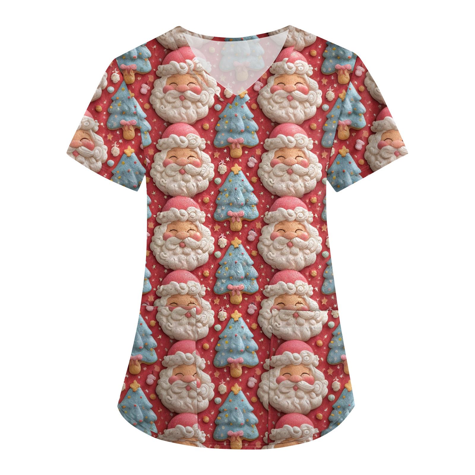 

Женская свободная униформа с V-образным вырезом, короткими рукавами и рождественским принтом XXXXL розовый