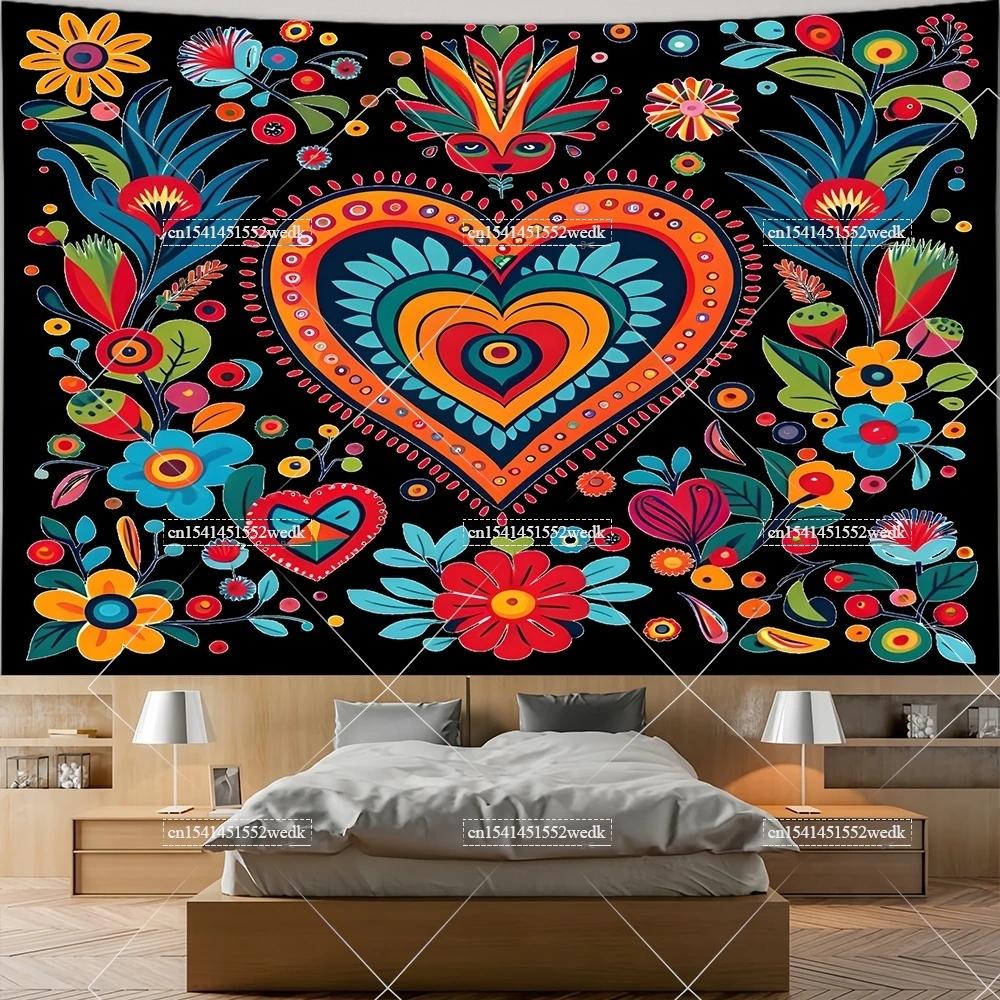 Mexiko Blumenteppich Mexikanische Pflanze Blumen Stickerei Ethnisch Otomi Vögel Wandteppiche Ästhetische Raumdeko Illustrationen Hintergrund