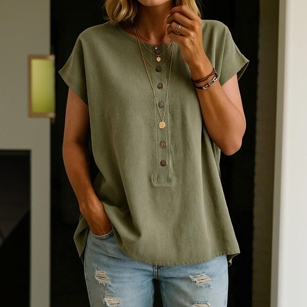 Women's Short-sleeved Plain-colored Button-up Blouse