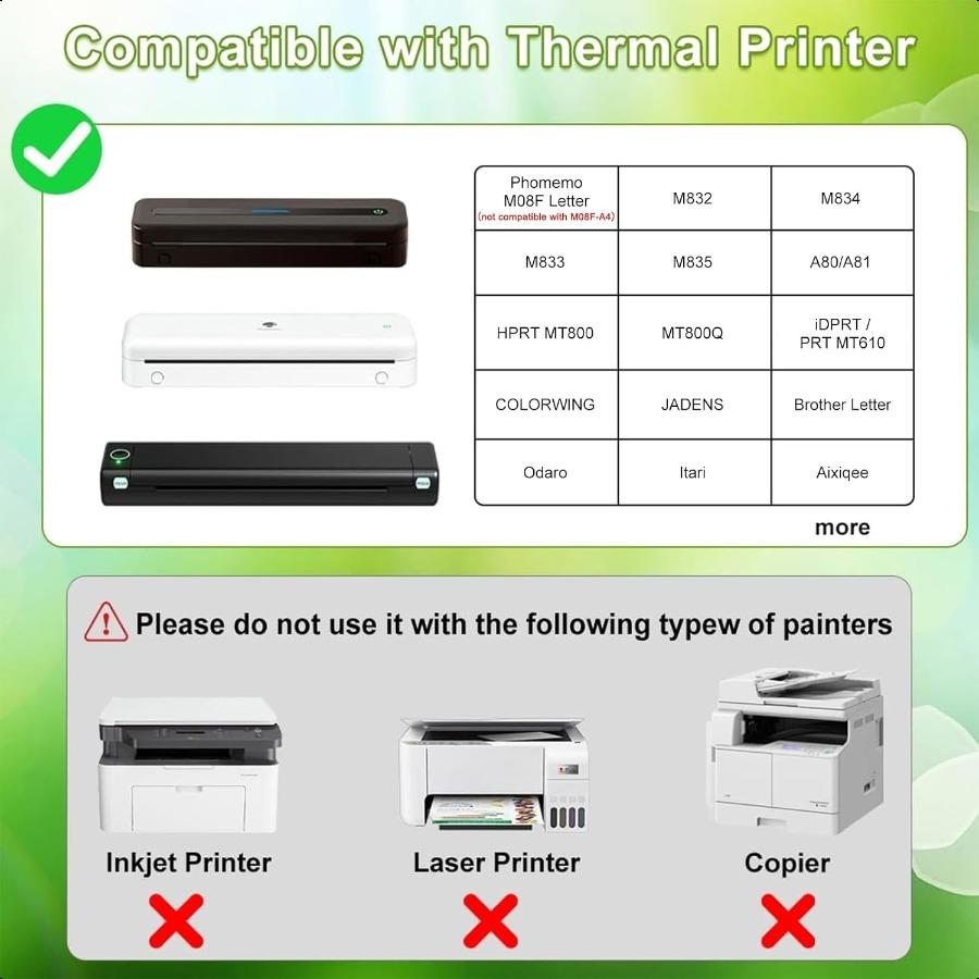 Thermal Printer Paper 8.5 X 11 Inch QuickDry US Letter Thermal Paper Compatible with M08F M832 Portable Printer Continuous Perf