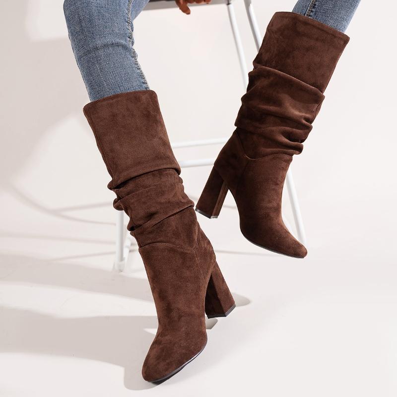 Autumn Women's Chunky Heel Shoes New Fashion Wrinkle Flock High Heel Mid Calf Boots for Women Vintage Ladies Knee High Boots