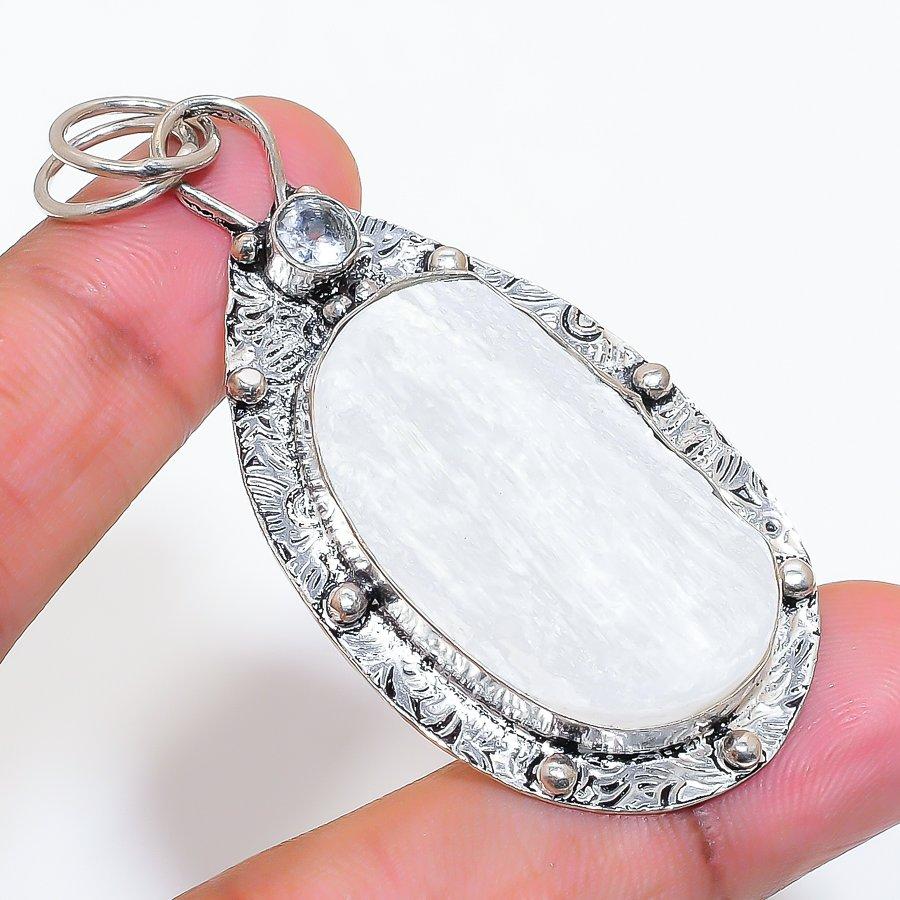 Natural Selenite, Topaz Gemstone 925 Sterling Silver Jewelry Pendant 2.64" ZS-37