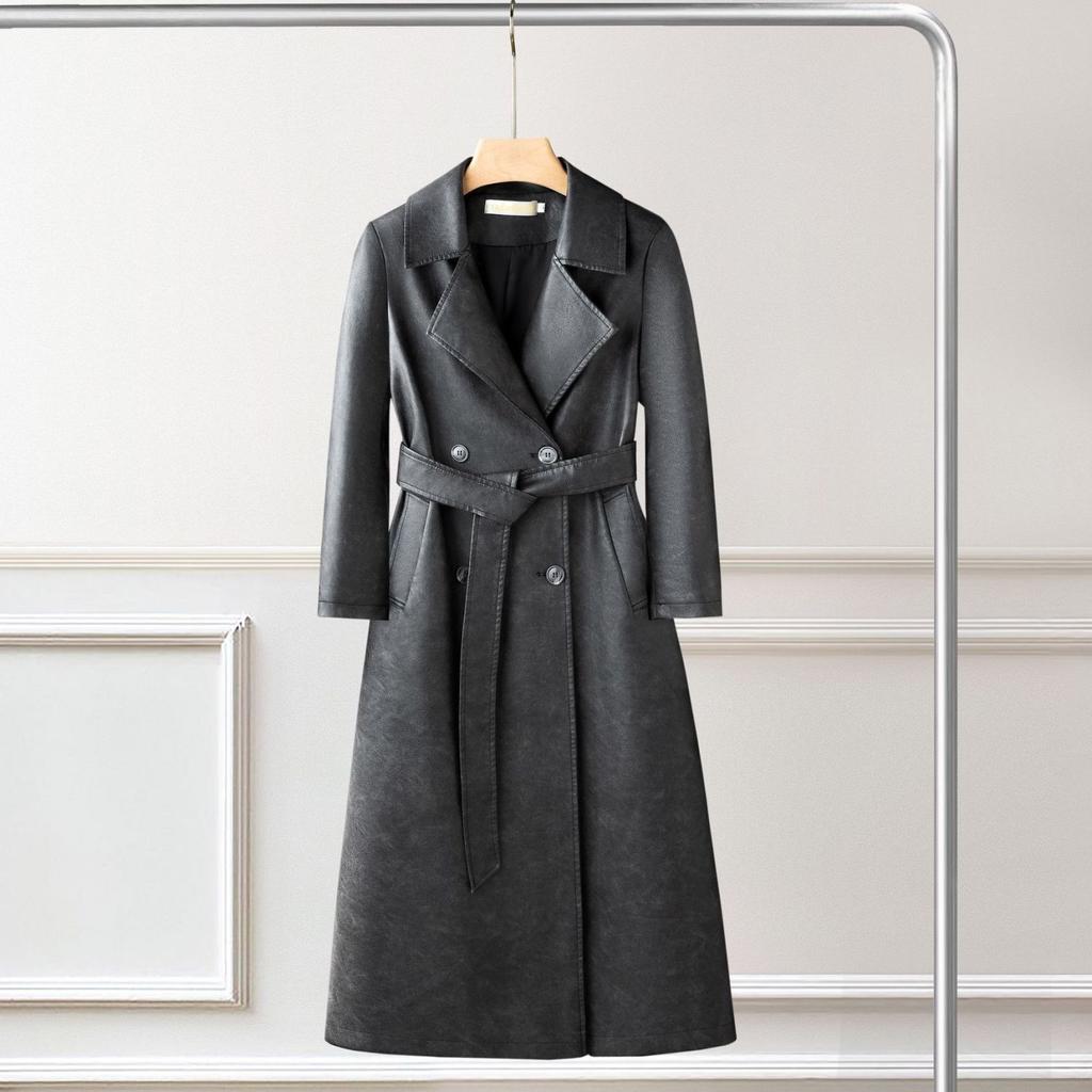 Elegante Soprabito Lungo da Donna Trench Vintage in Pelle Cappotto Mezza Lunghezza Slim Fit Primavera Autunno Capospalla