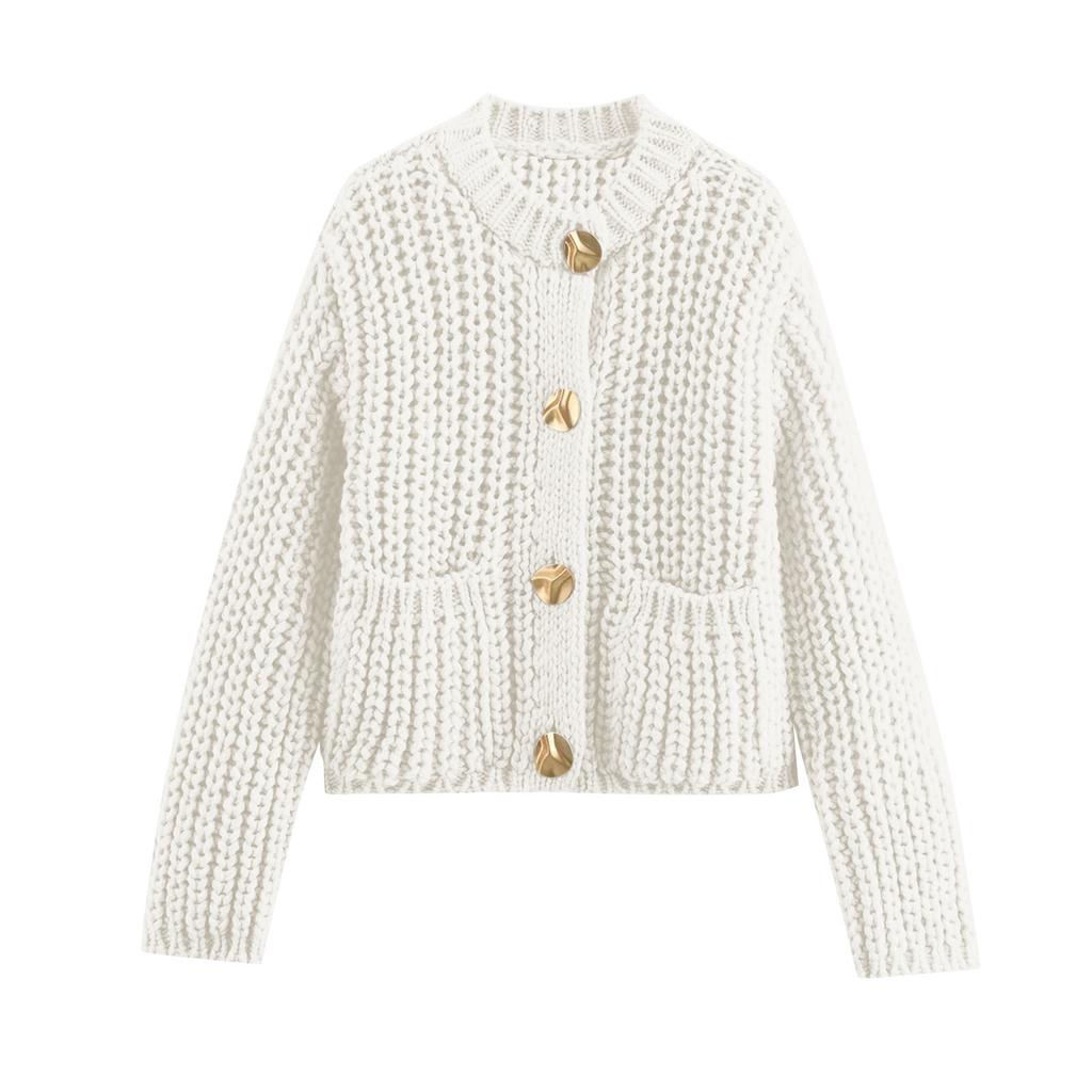 Women's Solid Color Coarse Needle Pocket Button Knit Cardigan Long Sleeved Sweater Jacket
